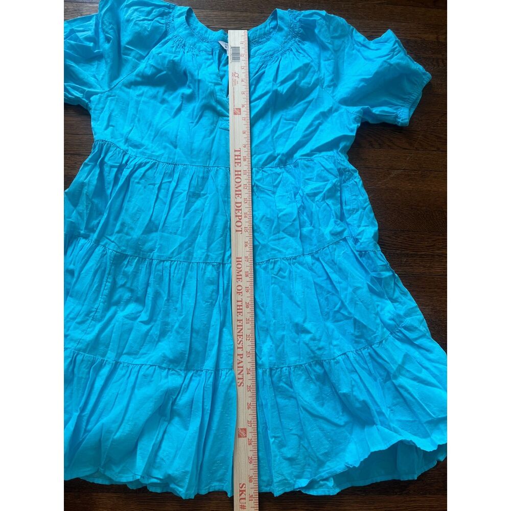 Crown & Ivy Pleated Ruffle Aqua 100% Cotton Short Sleeve Mini Dress Petite Small - Picture 8 of 9